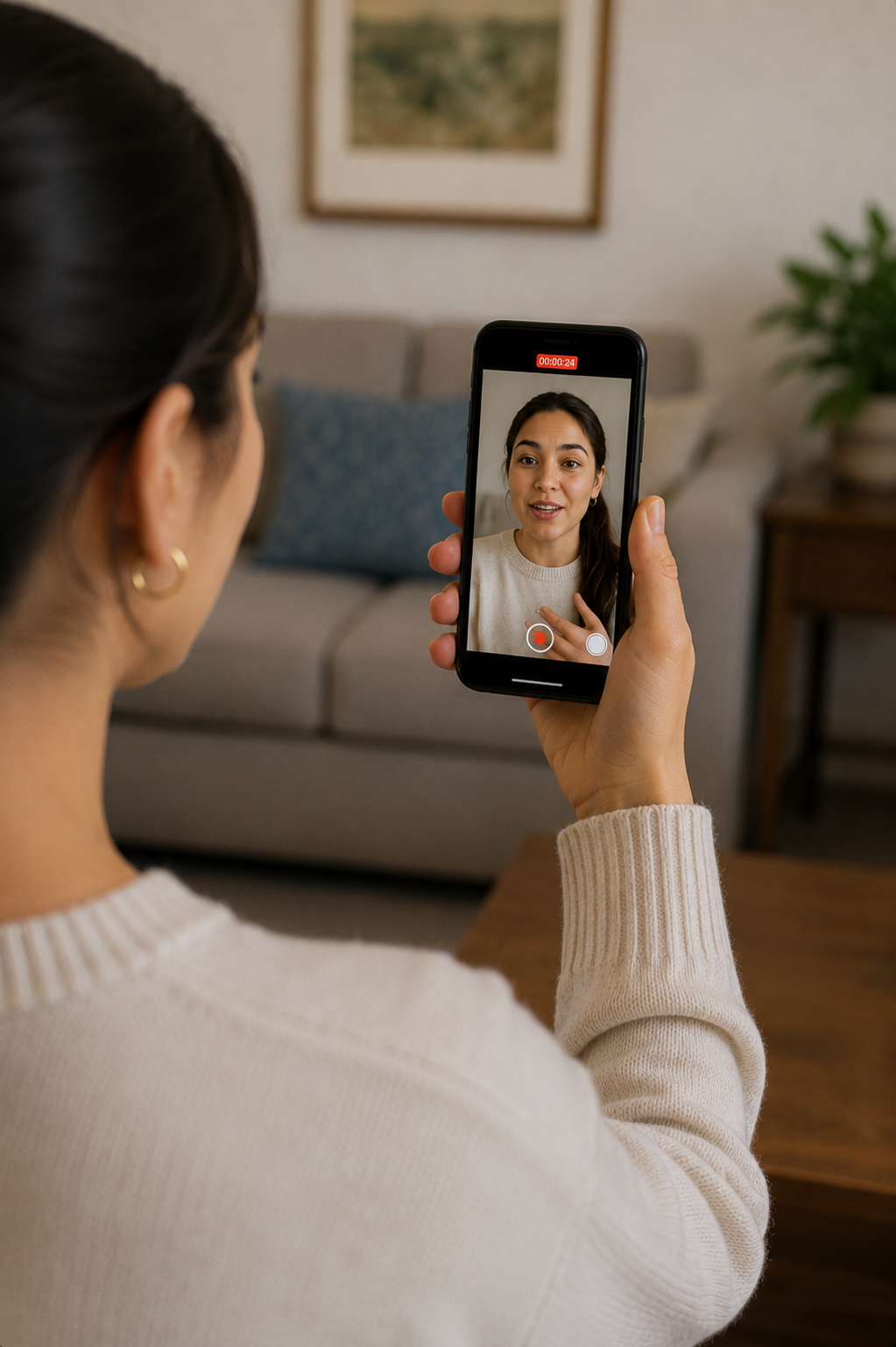 A woman recording a video testimony on her smartphone in a cozy living room